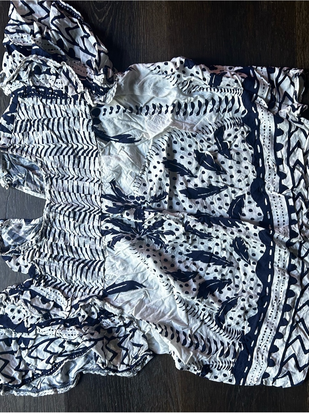 Rose & Olive White and Navy Printed Smocked Blouse